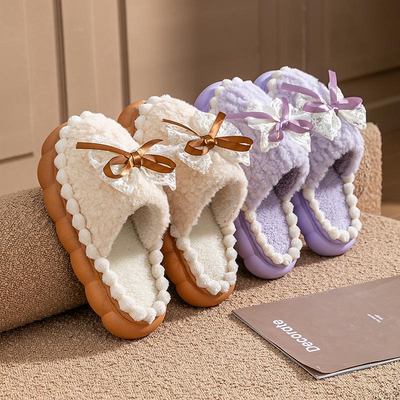 Thick-bottomed Cotton Slippers Women's Winter 2025 New Indoor Home Non-slip Warm Bow Plush Slippers Women's Winter