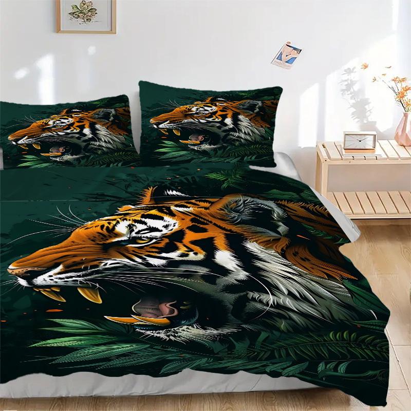 

3pcs Tiger Print Bedding Set - 1 Duvet Cover + 2 Pillowcases(Core Not Included), Machine Washable Polyester yy251216155 135x200cm