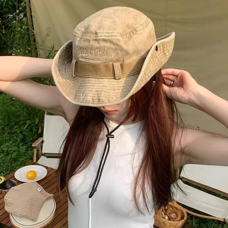 Letter Embroidery Fisherman Hat for Women Summer Washed Cotton Solid Color Cowboy Wide Brim Sunshade Cap Girl Outdoor Hiking Hat