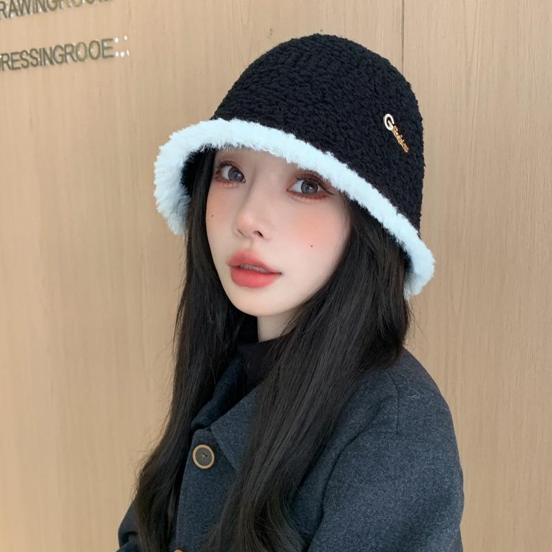 Korean Version of Autumn and Winter New Hat for Women with High End Metal Plush Fisherman Hat for Winter Thermal Basin Hat Bucket Hat Thick