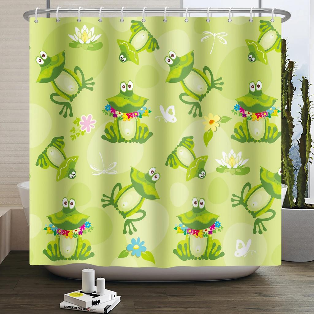Lustiger Frosch Duschvorhang für Badezimmer Pilz Schmetterling Floral Grüne Pflanze Cartoon Tier Wasserdicht Polyester Duschvorhang