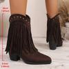 Vintage Tassel Detor Ankle Boots Women Spring Autumn Pointed Toe Square Heel Boots Woman Fashion Slip On Plus Size Booties Lady