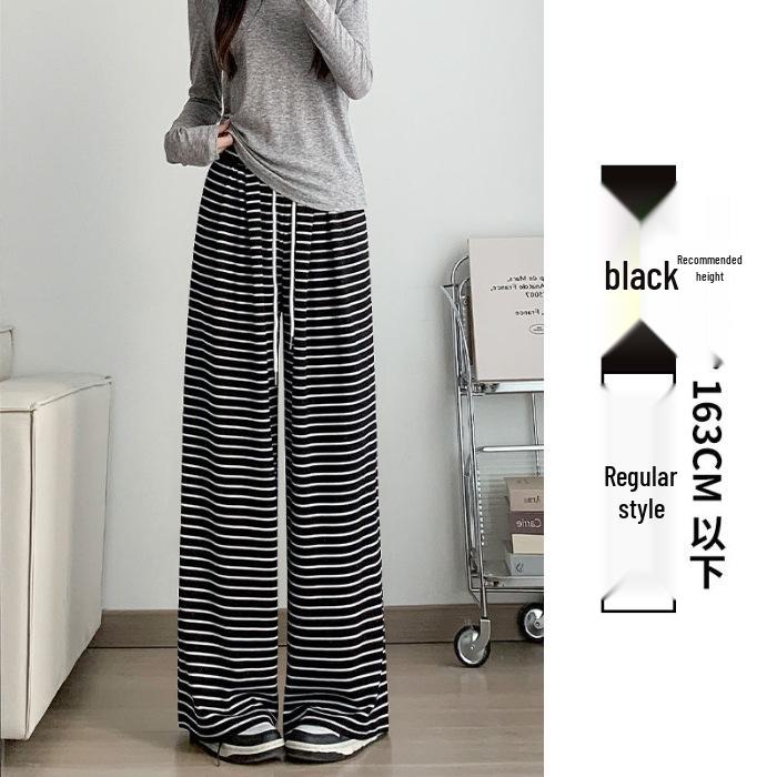 Autumn 2024 Women's Striped Wide-Leg Tie-Waist Pants - Casual, Floor-Length Trousers
