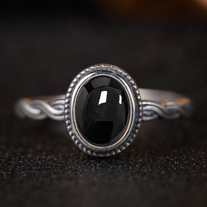 Vintage 925 Sterling Copper Ring Natural Black Onyx Ring Oval Round Stone Retro Fine Zircon Gift Sun Shaped For Women Men