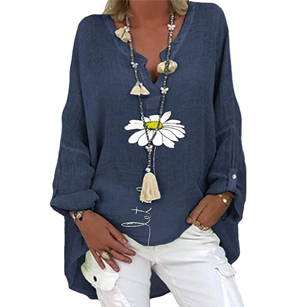 Plus Size Damen Casual Langarm Blumendruck Lose V-Ausschnitt Hemdbluse Top