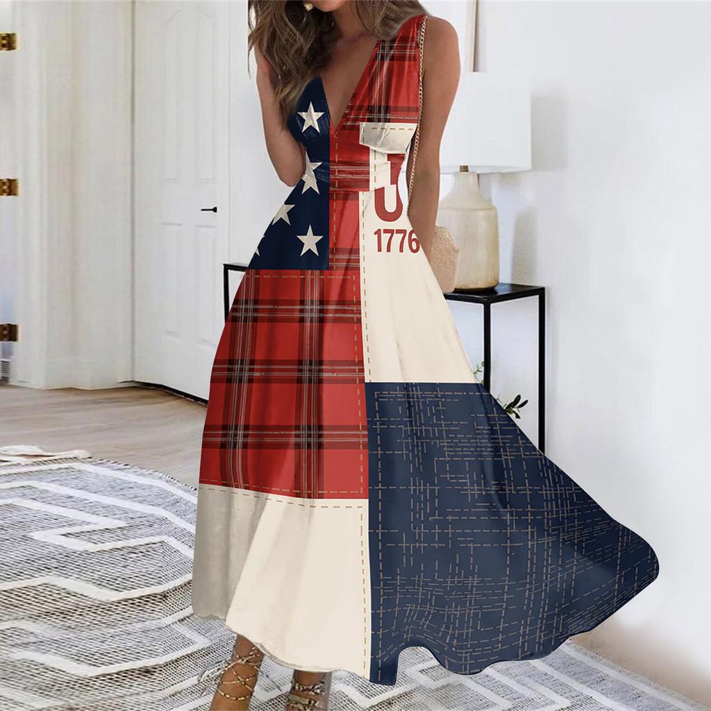 Women Sleeveless V Neck Waist Tie Maxi Dress with Independence Day Flag and Floral Print for Summer Casual Outings