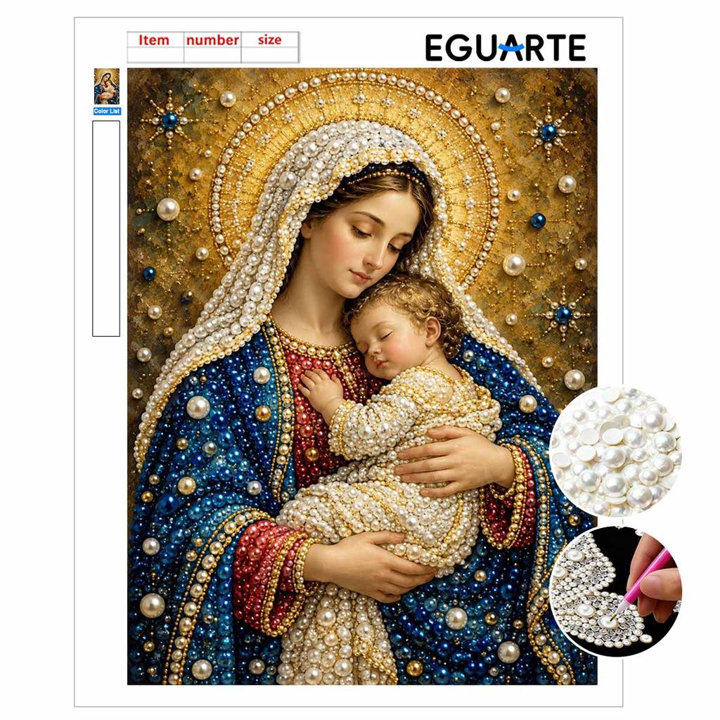 DIY Framed Pearl Bead Art Kit Religious Mother Mary Pattern Sparkling Canvas Painting for Modern Room Wall Decor Gift
