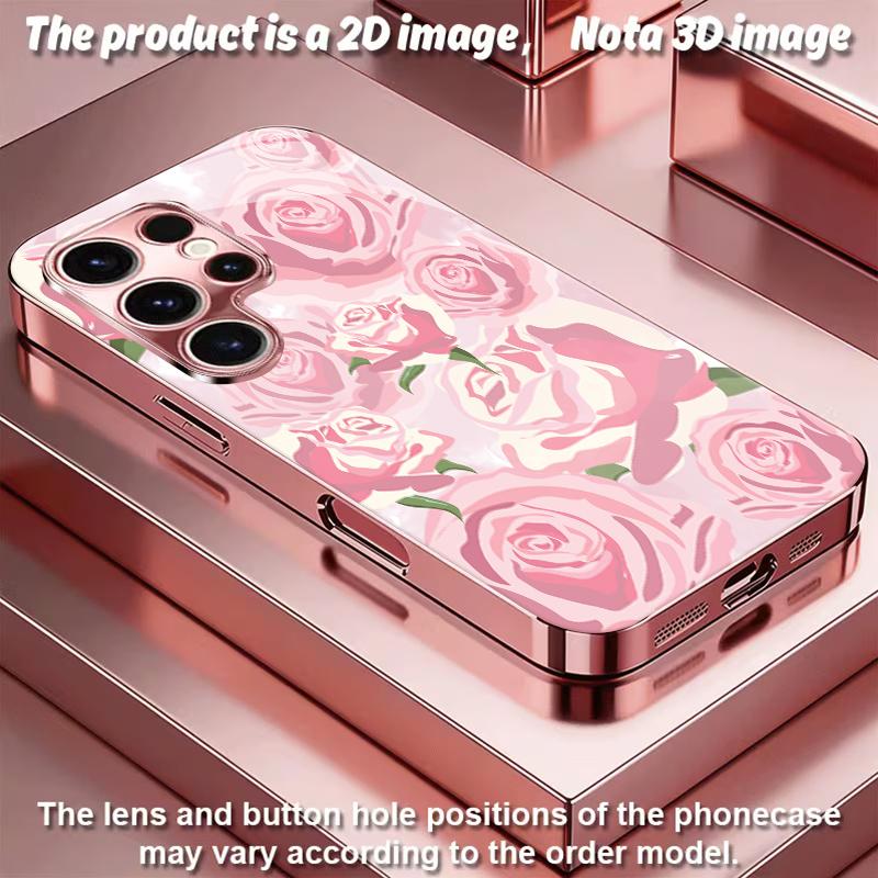 2DFlat Samsung electroplated tempered glass phone case,Pink Roses Pattern Phone CaseSuitable for Galaxy S26 S23 S24FE S25ULTRA S22 S21