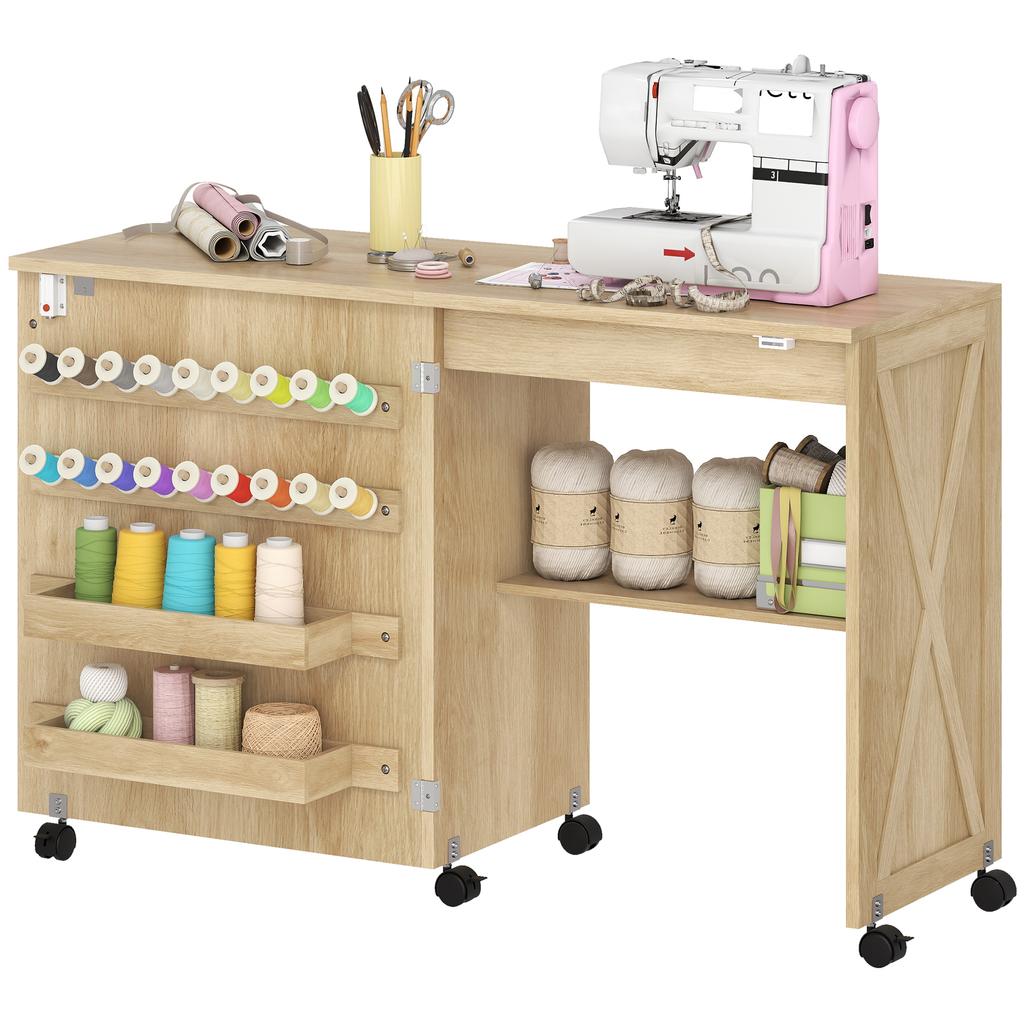 Folding Sewing Table, Rolling Sewing Furniture, Barn Door Magnetic Closure, 2 Bins, Shelf, 18 Pegs, Natural
