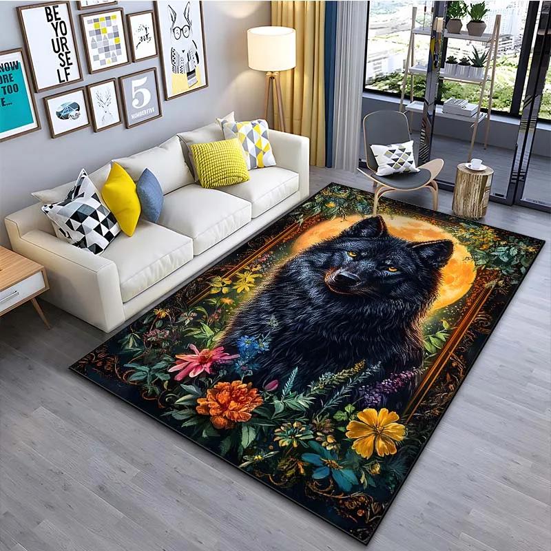 Black Wolf Patter Carpet for Living Room Bedroom Bedside Bathroom Floor Mat Area Rug Sofa Home Decor for Gifts