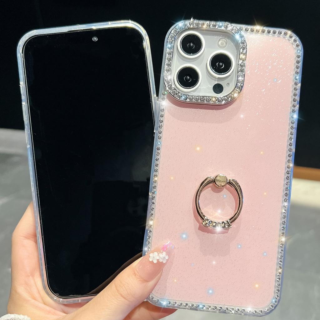 IMD Glitter Stars Plating Finger Ring Diamond Case For iPhone 17 Air 16 E 15 14 13 Pro Max Plus Rhinestone Clear Shockproof Capa