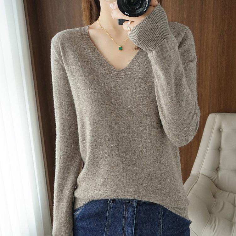 YYFS Women's Fashion Casual Solid Color Print Autumn Winter Long Sleeve V-Neck Pullovers & Long Sleeves