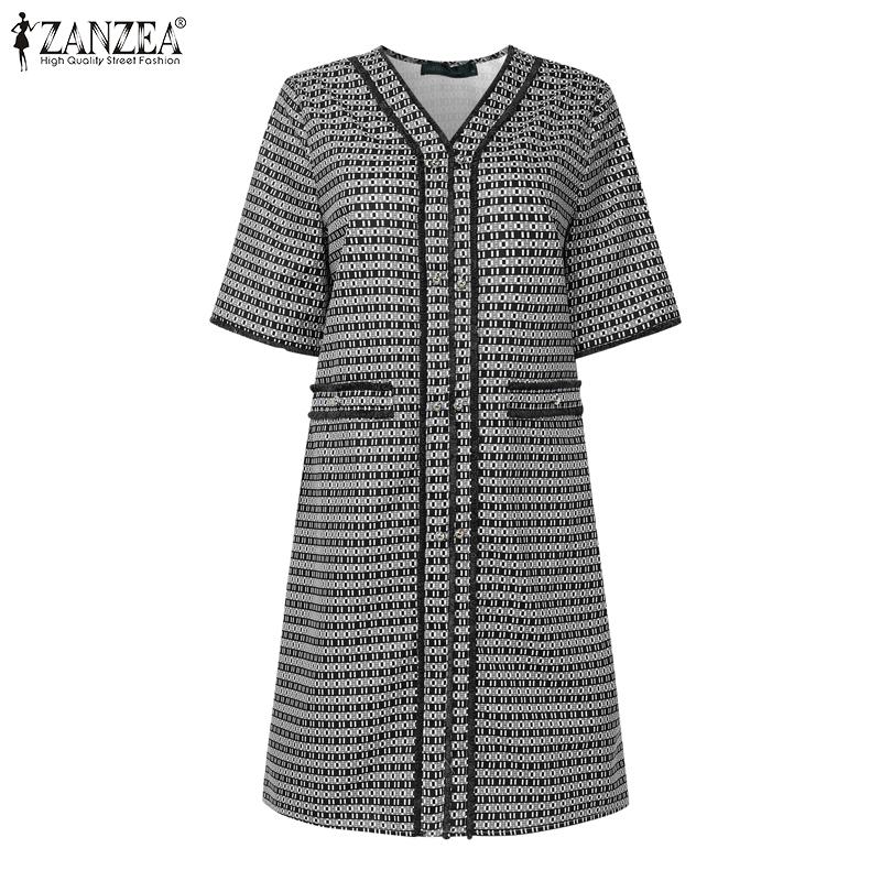ZANZEA Women V Neck Puff Sleeve Smooth Print Casual Loose Tunic Dress