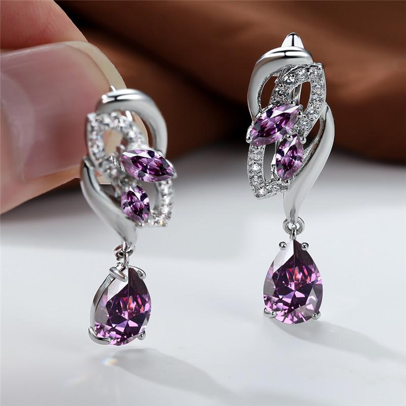 Cute Female Pink Crystal Zircon Stone Flower Earrings Vintage Wedding Jewelry For Women