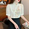 New Chinese Women's Short-sleeved Shirt Top for Women's Summer Heavy Industry Beaded Chiffon Shirt Retro Chinese Style Buttoned Shirt