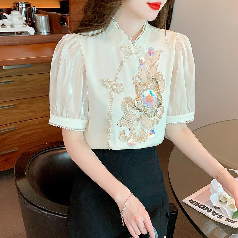 New Chinese Women's Short-sleeved Shirt Top for Women's Summer Heavy Industry Beaded Chiffon Shirt Retro Chinese Style Buttoned Shirt