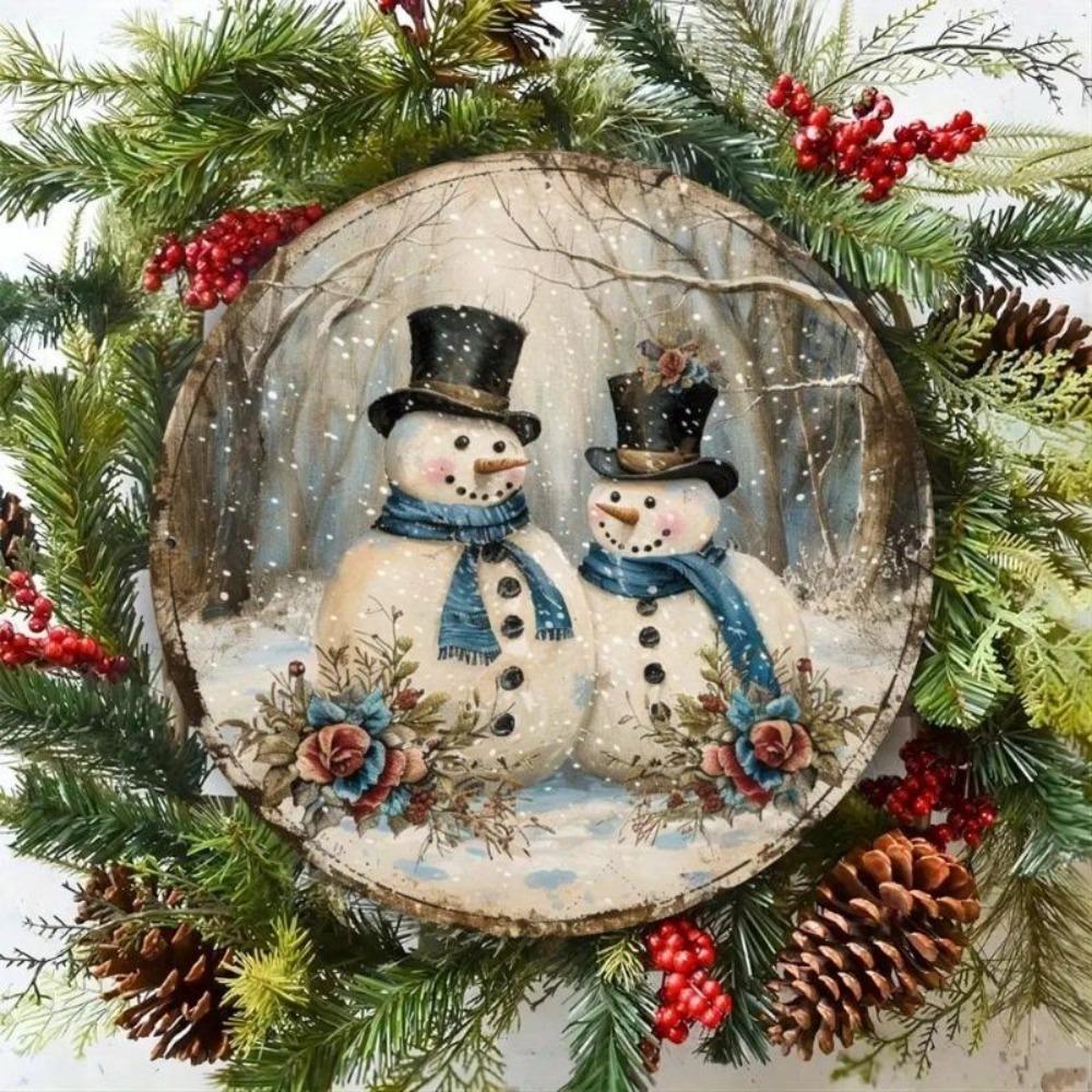 Bonhomme de neige Noël Art Mural Métallique 8x8 Pouces Aluminium Décoration de Fête Scène d'Hiver Roses Rouges Plaque Métallique Ronde Intérieur Extérieur Maison Jardin Décoration Facile à Accrocher