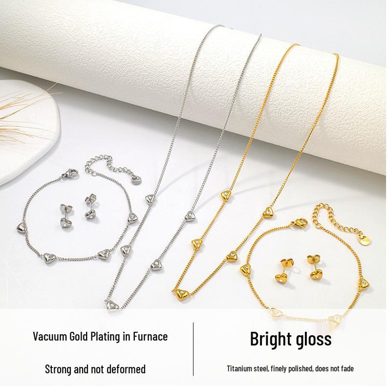 Heart-Shaped Zirconia Necklace & Earring Set in Titanium Steel - Elegant Women's Fashion Jewelry