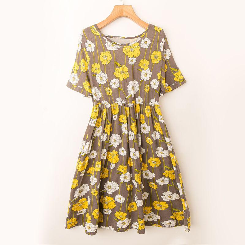

Spring and Summer Export K-style New Arrival Printed All-Matching Younger Casual Fashion round Neck Short Sleeve Pullover Dress Rice white coffee flower LL