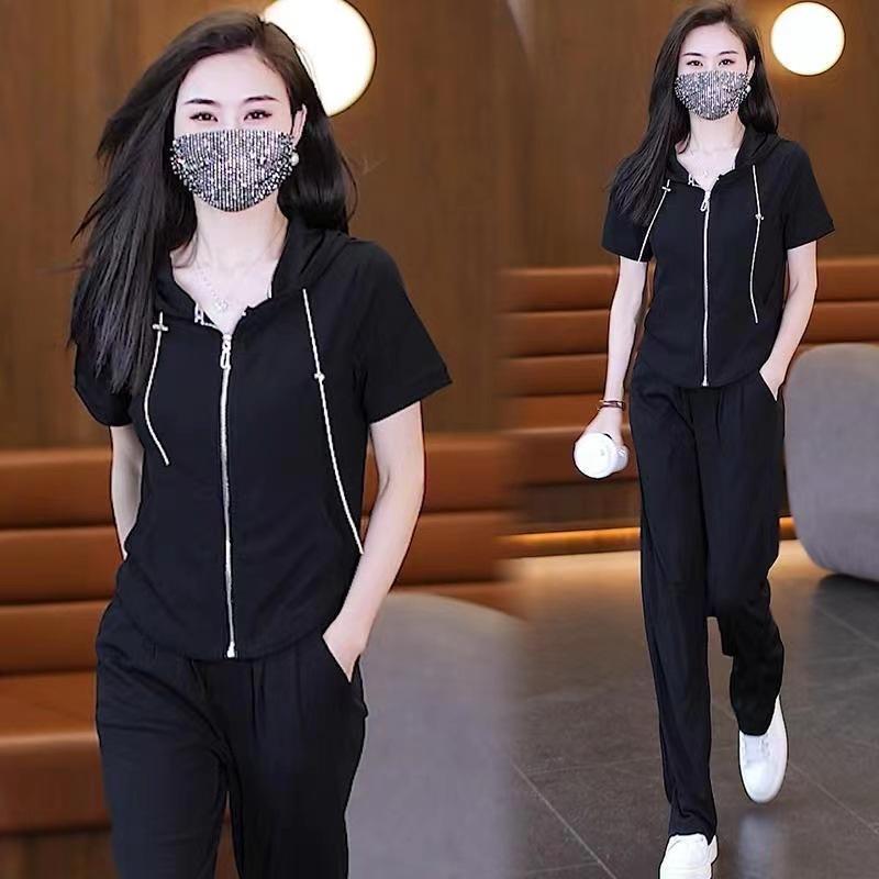 Summer Korean-style Loose Short-sleeved Fashionable Stylish Long Pants Two-piece Set of Cardigan Casual Sports Suit for Women