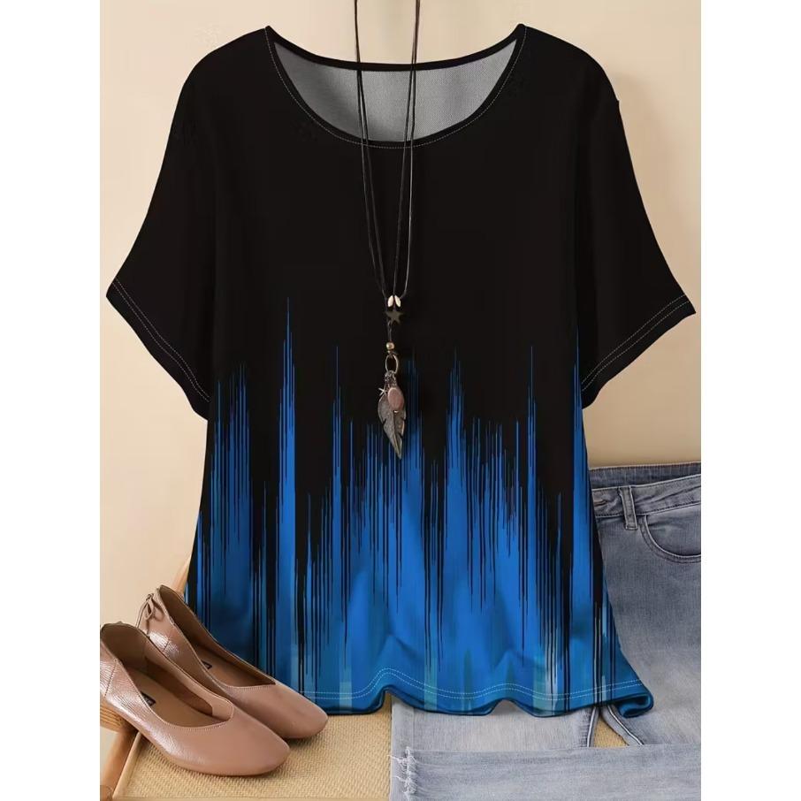 XL-7XL Plus Size Women's Gradient Casual 3D Print Loose V Neck Short Sleeved T-shirt Top