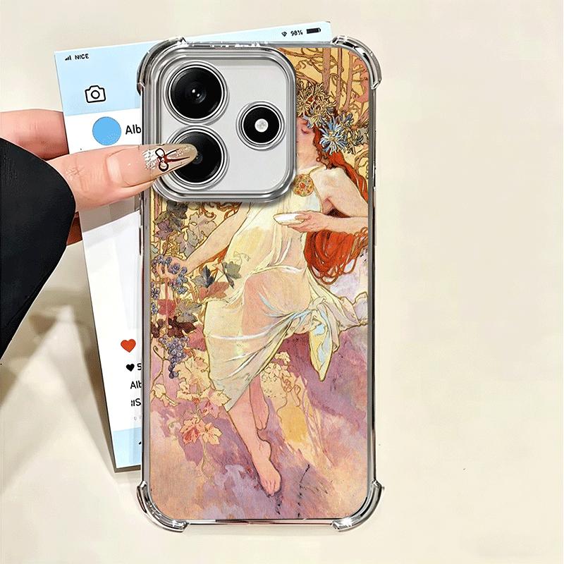 Vintage Alfons Mucha Primavera Plating Phone Case For Xiaomi Poco X5 X6 X7 X8 Pro Max F8 Ultra F7 M8 M7 M5S Redmi 15C 15 14C 13C