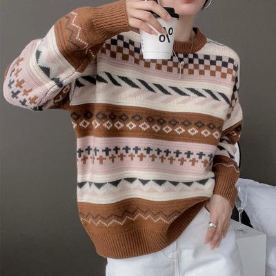 Pull Rond Jacquard pour Femme Industrie Lourde Automne Hiver Tendance Polyvalent Cachemire Tricoté Haut de Base Contrastant Haut Haut