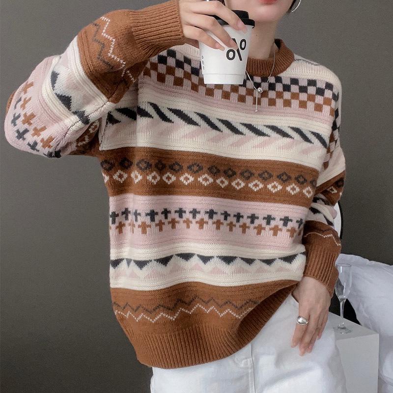 

Heavy Industry Jacquard Round Neck Sweater for Women In Autumn and Winter Fashion Versatile Cashmere Knitted Sweater Contrast Base Shirt Top S