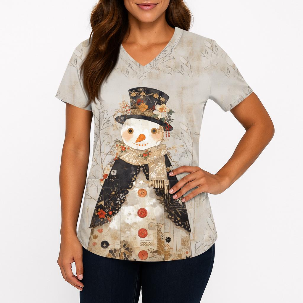 Women's Printing Uniform Work Uniform V-neck Pockets Basic Short Sleeve Pullover Top