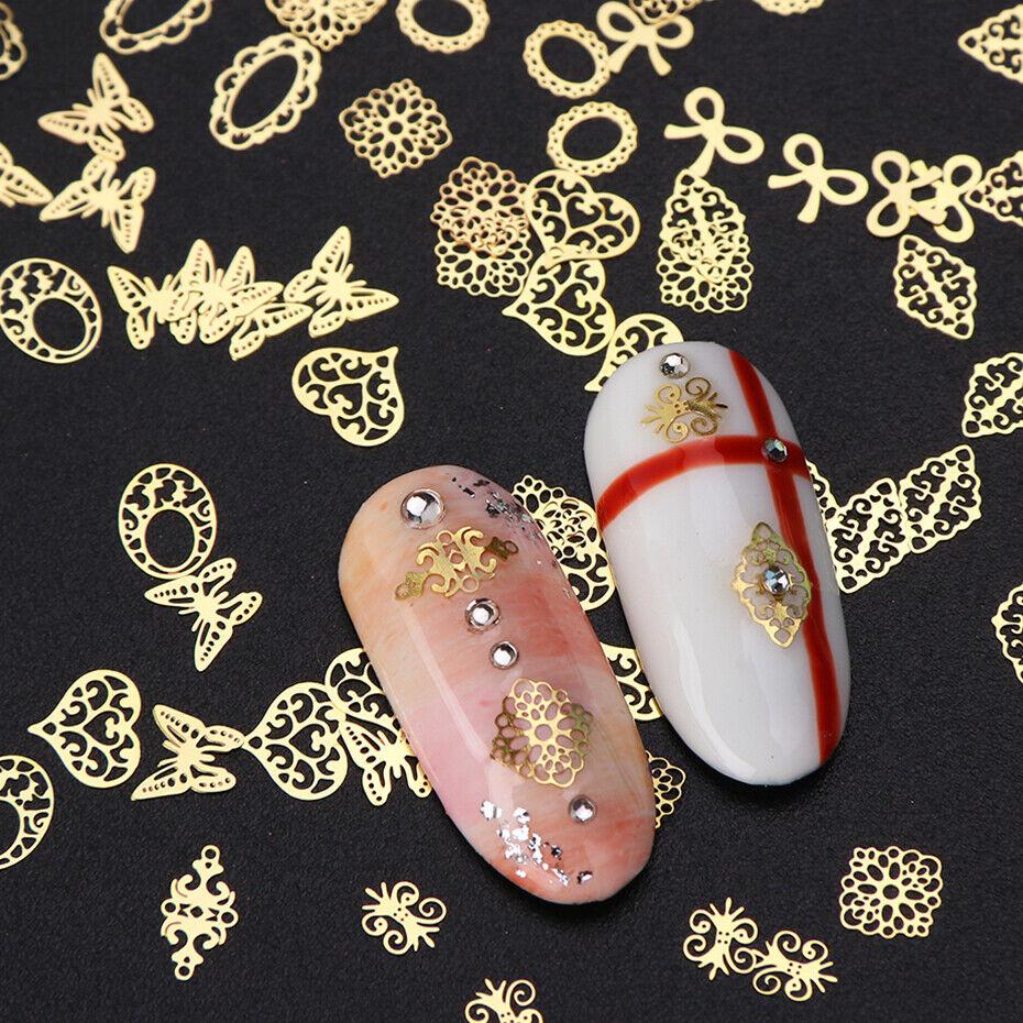 Decorazione vintage con fascino per nail art, paillettes, fiori, farfalle, in metallo dorato, vintage