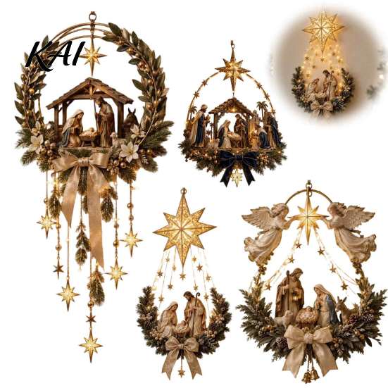 Hanging Star Decoration with Lights Lighted Nativity Door Swag, Bethlehem of Faith Wall Decor, Light-up Holy Illuminated Decor Family for Christmas