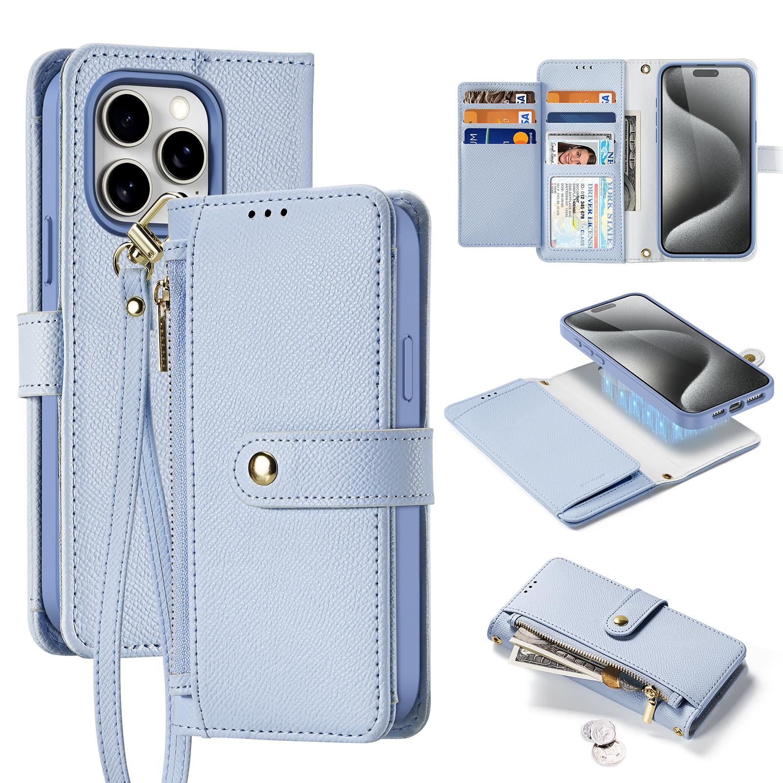 

For iPhone 15 Pro Max Case DUX DUCIS Lawa Series Detachable Magnetic Cowhide Leather Cover Zipper Wallet Light Blue