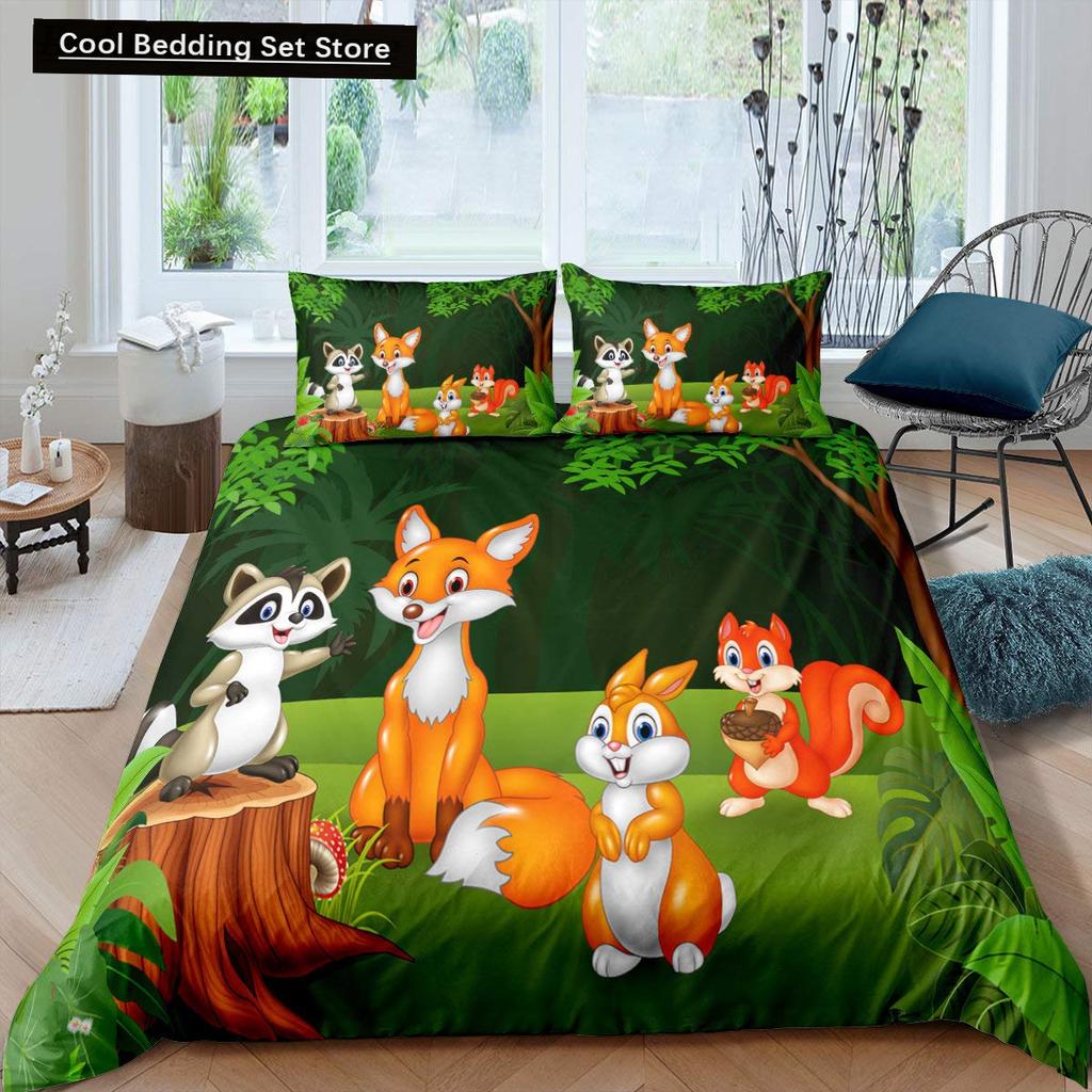3D Squirrel King Queen Duvet Cover Soft Wildlife Green Leaves Bedding Set for Kids Teens Adults 2 3pcs