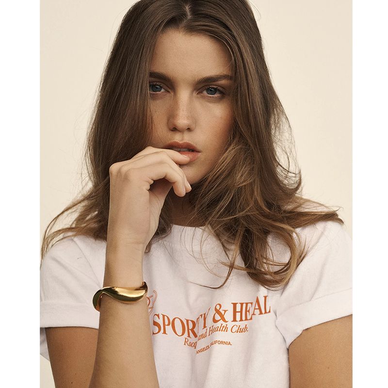 Sporty American Retro Sports Style Tennis Print Pattern Pure Cotton Casual Sports Fitness Loose T-shirt for Women