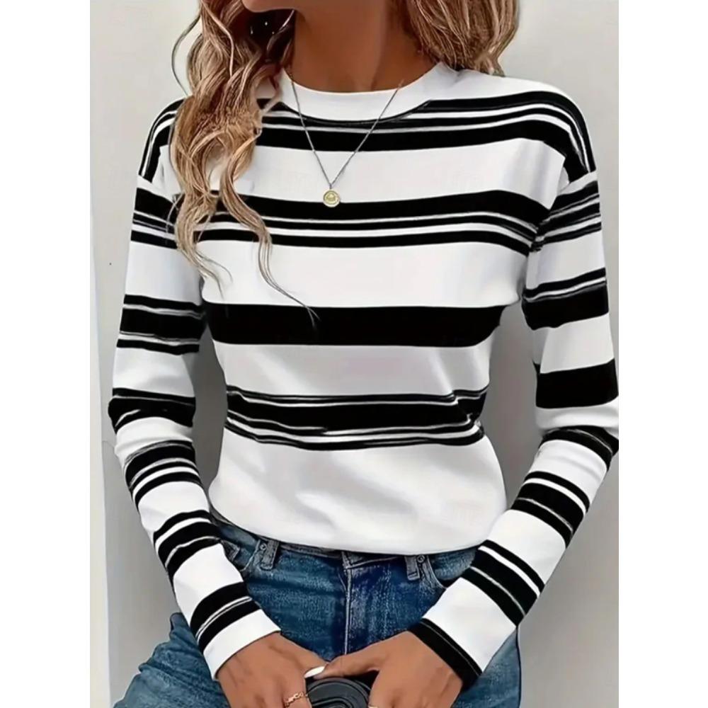 Top da Donna Stampa a Righe Girocollo Manica Lunga T-shirt Autunno Casual Slim Pullover Top a Manica Lunga da Donna