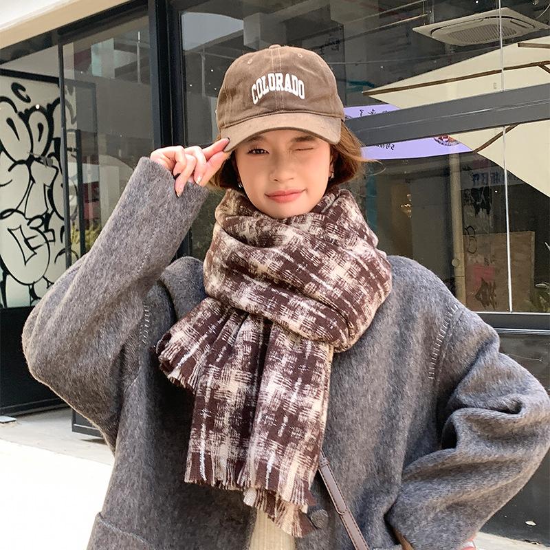 Women's Korean Style Fleece-Like Cashmere Scarf Autumn Winter High-End Warm Shawl Cute Versatile Plaid Neck Warmer