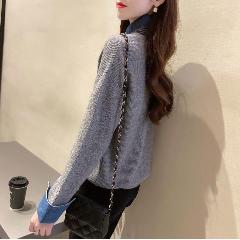 Fashion Women's Denim Patchwork Shirt Collar Sweater Autumn Winter Knit Loose Pullover Fake Two-Piece Top