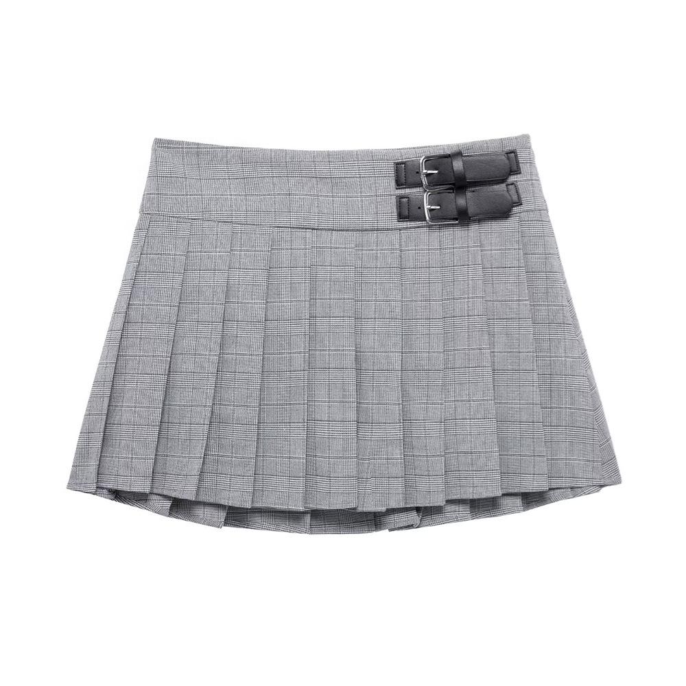 

2025 Spring Women s Slim A-Line Plaid Culottes with Buckle and Wide Pleats M