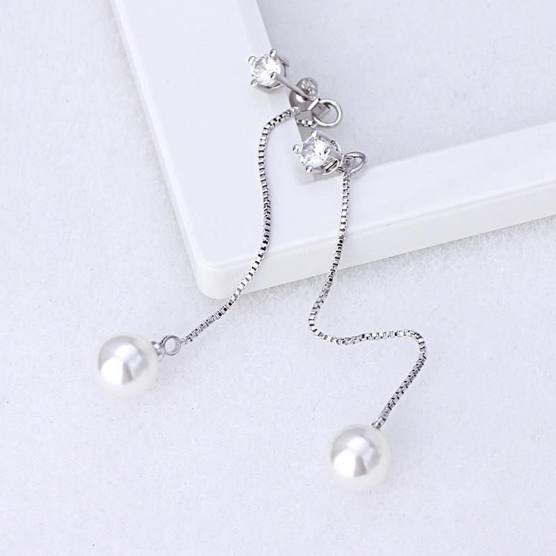 Fashion Silver -Color Simulated Pearl Pendant Long Chain Cubic Zirconia Long Earrings Bridal Wedding Pearl Jewelry Drop Earrings