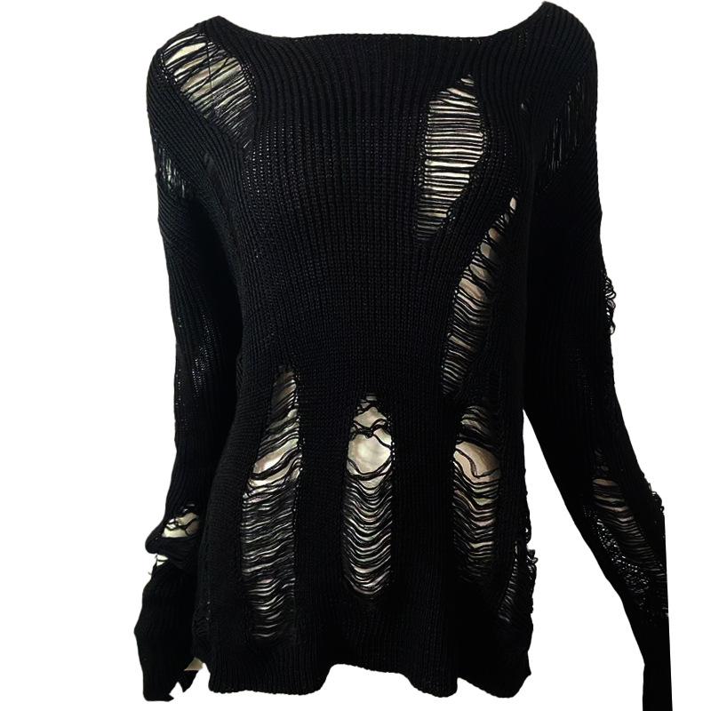 Punk Gothic Hole Sweaters Women Hollow Out Broken Fashion Sweater Autumn Winter Pullover Sweaters Woman