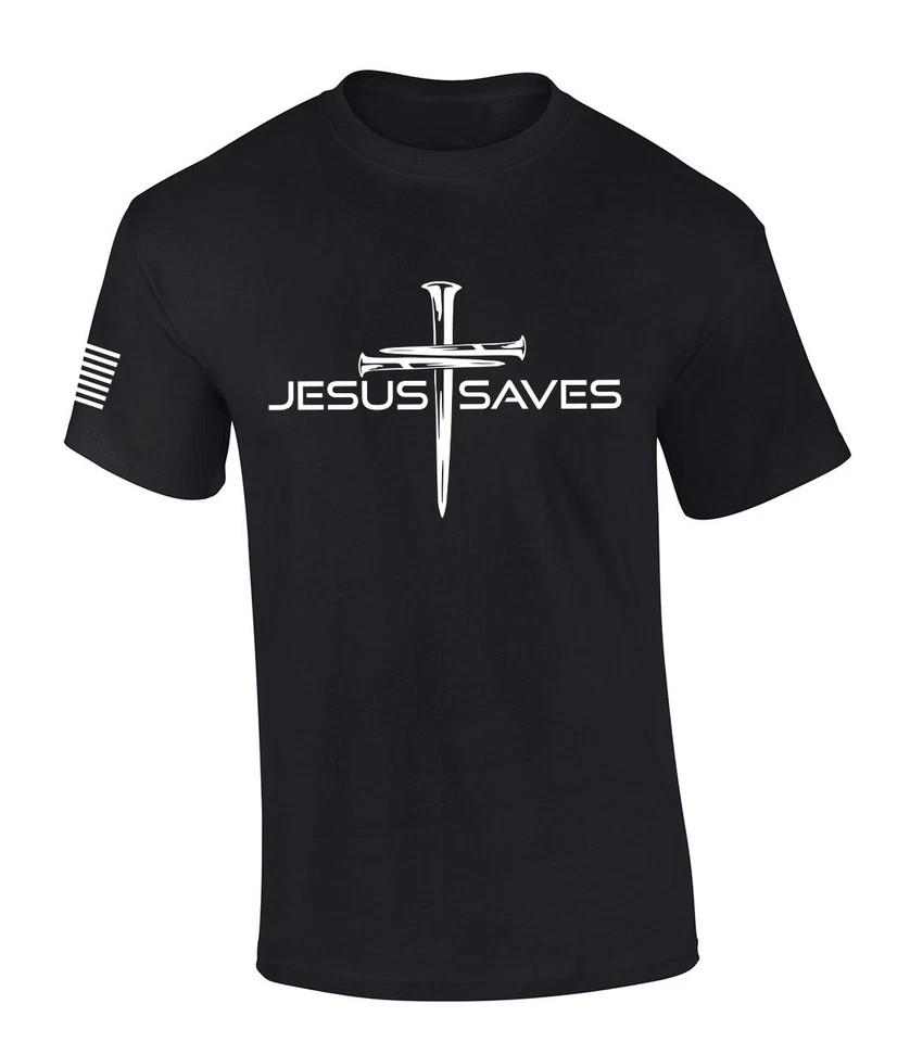 Mens Christian Shirt Nail Cross Jesus Saves Short Sleeve T-shirt Graphic Tee M