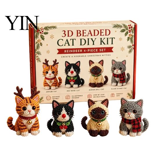 Kleberloses Perlen-Set 3D Perlen-DIY-Set, Lebensechtes Weihnachtstier-Bastelset, Perlenkatze Handgemachtes Einfaches Stickset für Kinder und Erwachsene Festlicher Feiertag