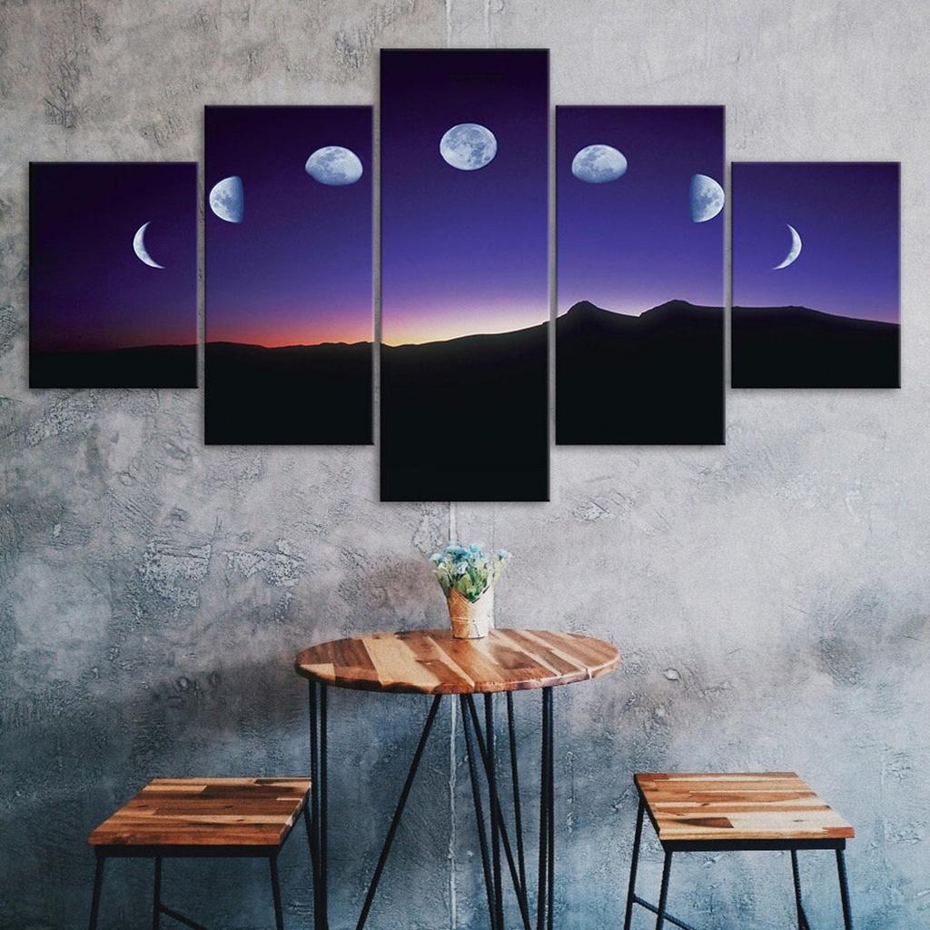 Moon Lunar Phases Night Sky Mountains Landscape 5 Piece Five Panel Canvas Print Modern Wall Art Poster Home Decor Gift For Him For Her