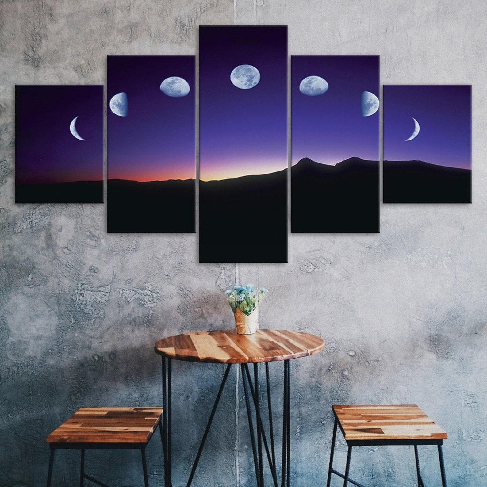 

Moon Lunar Phases Night Sky Mountains Landscape 5 Piece Five Panel Canvas Print Modern Wall Art Poster Home Decor Gift For Him For Her 20X35 20X45 20X55CM