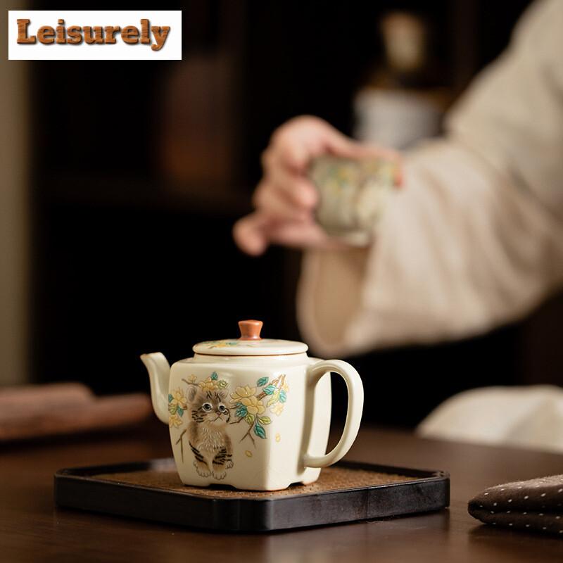 145ml imitace Song Cream Ru Kiln konvice na čaj roztomilá kočka čtvercový hrnec ledová popraskaná glazura porcelánová konvice na čaj s filtrem s otvorem pro kuličky dárky