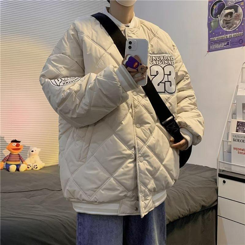 

Men s Japanese-Style Rhombus Baseball Jacket - Thick, Warm Cotton Coat for Autumn/Winter with an American Loose Fit Design. Suitable for Couples. L абрикосовий