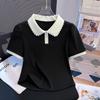 Women Peter Pan Collar Short Sleeve T Shirt Summer Design False Two Piece Top Blouse