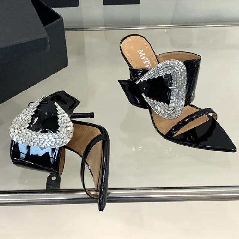 Fashion Fashion Crystal Buckle Luxury High Heels Summer Sexy Pointed Toe Slide Sandals Elegant Wedding Bridal Shoe Party Shoes for Women