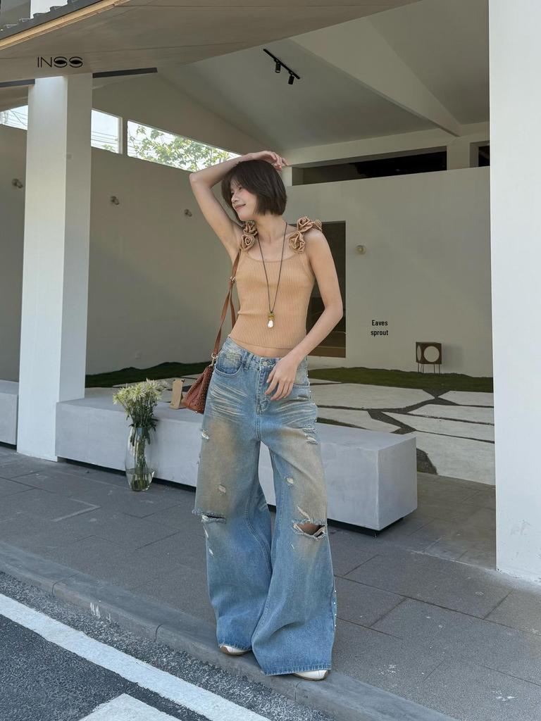 INSS Women's High Waist Loose Wide Leg Jeans with Hole Design - 2026 Spring/Summer Collection #91125