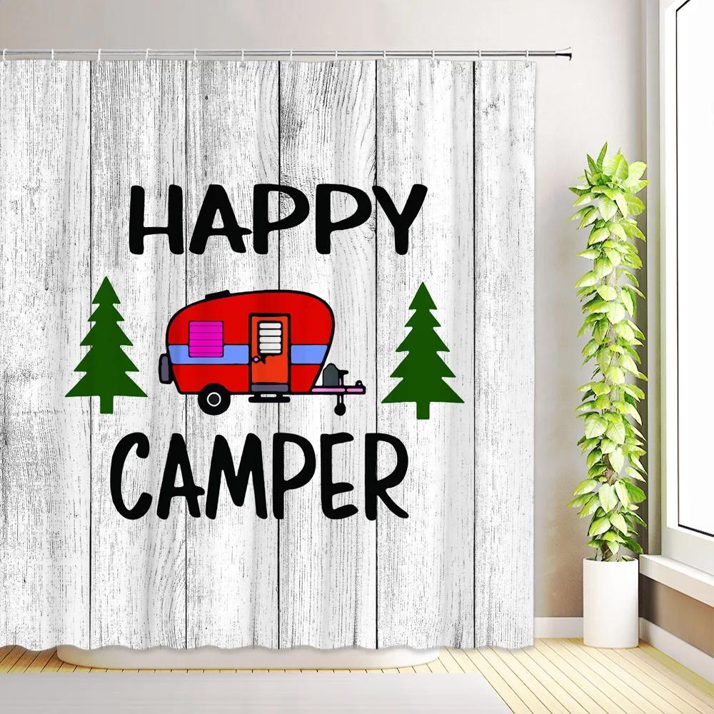 

Camper Rv Shower Curtain Rustic Farmhouse Wood Board Trailer Camping Car Surfboard Tropical Palms Trees Bathroom Decor With Hook W60H190(CM)-1 Pcs